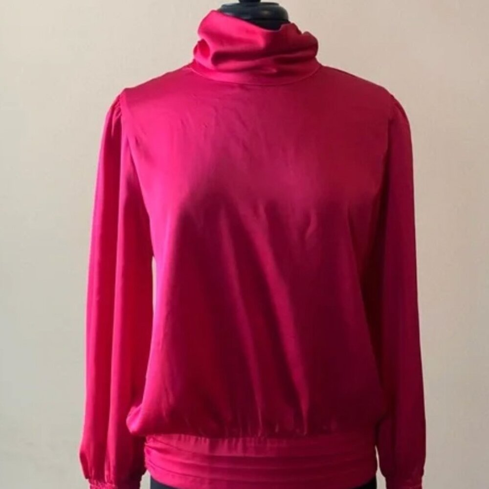 ALLISON JOY Red Pink Fuscia Mock Neck Blouse Size Small Long Sleeve Banded Waist